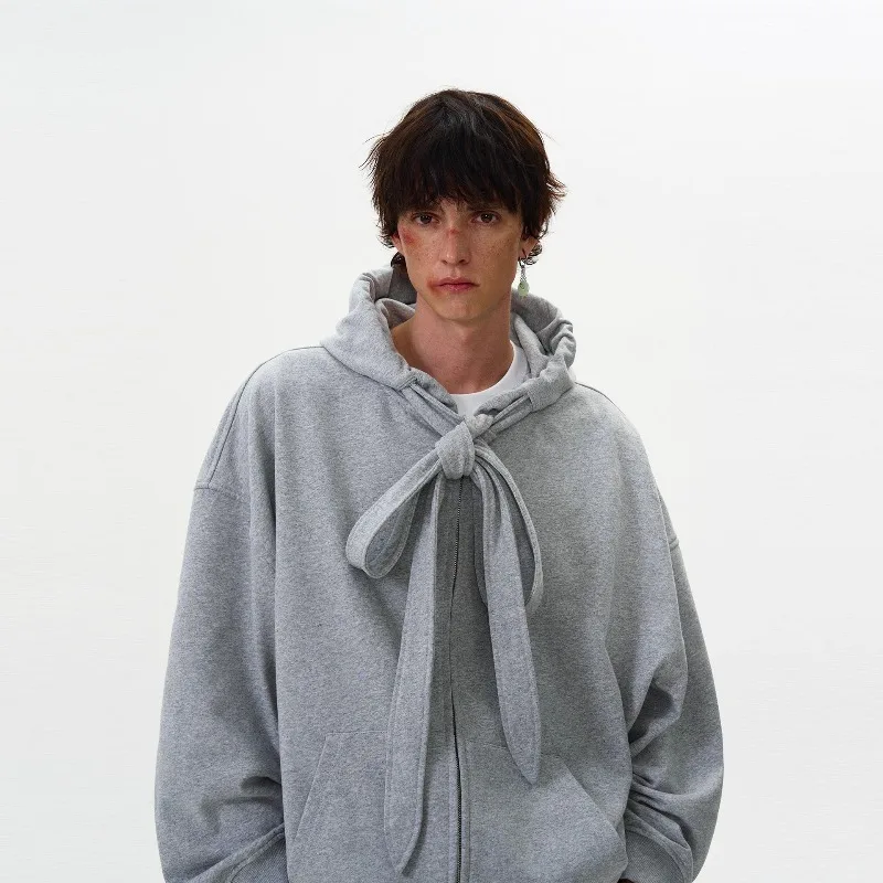 American Retro Strap Design Hooded Sweatshirt Autumn Winter Fashion Men's Casual Loose Zipper Hoodie Jacket Coats Y2k Streetwear