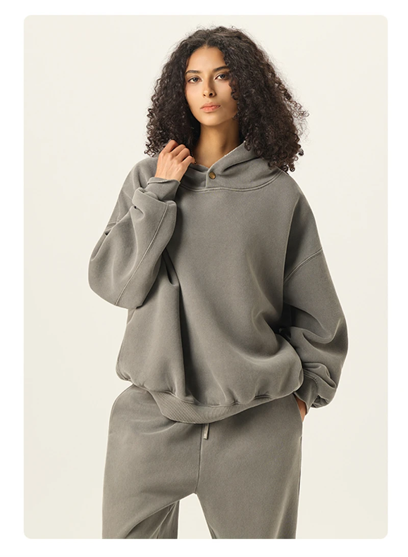 ZODF Vintage 350gsm Man Washed Boxy Fleece Hoodie Unisex Loose Ripped Warm Button Winter Hooded Pullovers Brand Clothing HY0053