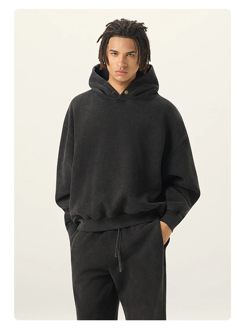 ZODF Vintage 350gsm Man Washed Boxy Fleece Hoodie Unisex Loose Ripped Warm Button Winter Hooded Pullovers Brand Clothing HY0053