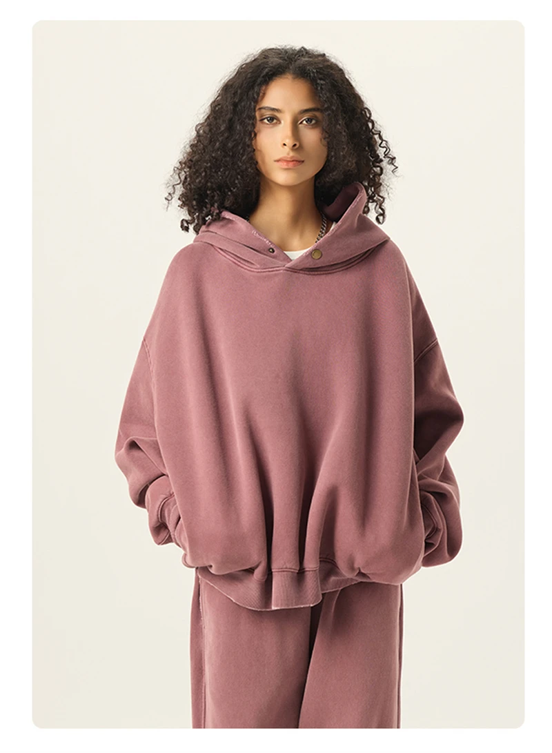 ZODF Vintage 350gsm Man Washed Boxy Fleece Hoodie Unisex Loose Ripped Warm Button Winter Hooded Pullovers Brand Clothing HY0053