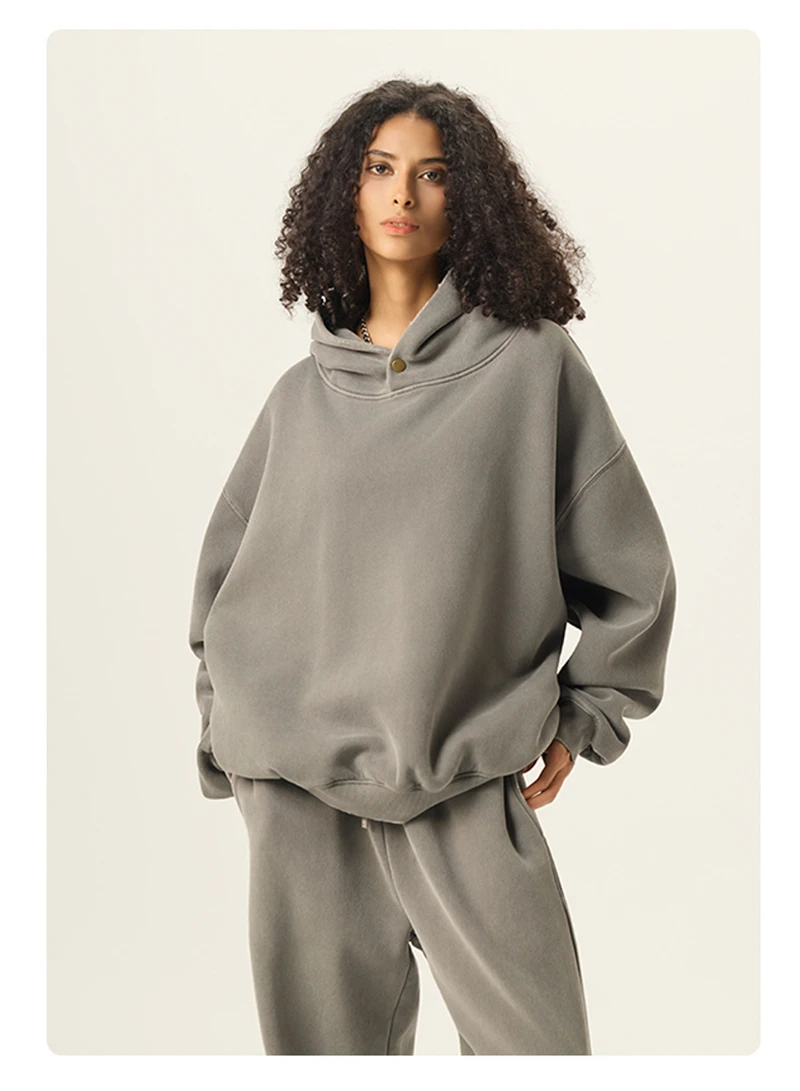 ZODF Vintage 350gsm Man Washed Boxy Fleece Hoodie Unisex Loose Ripped Warm Button Winter Hooded Pullovers Brand Clothing HY0053