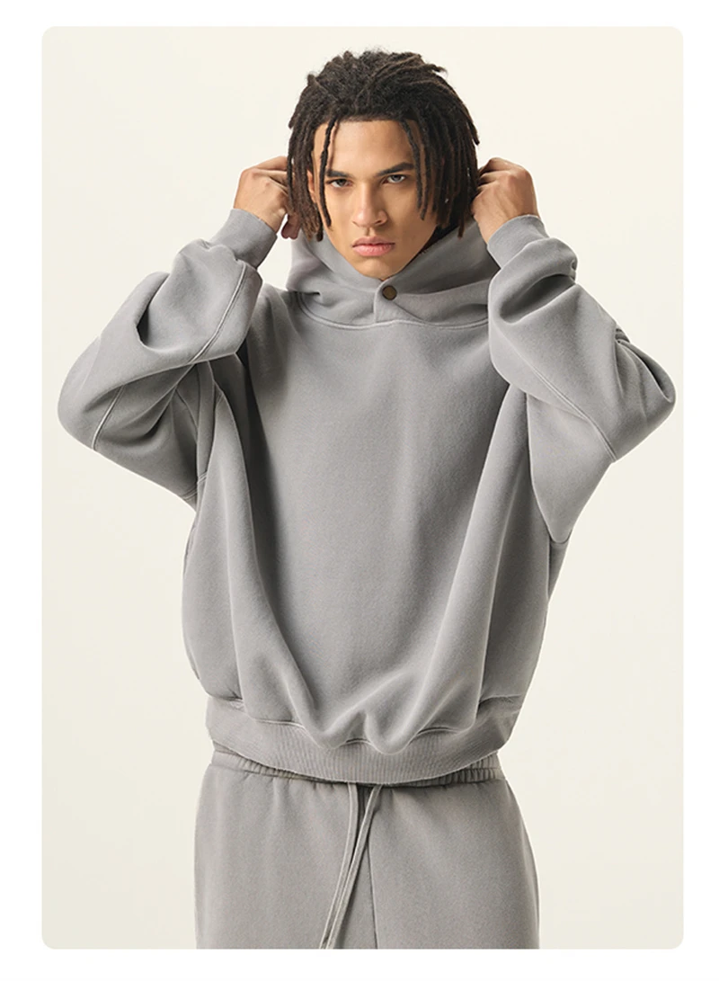 ZODF Vintage 350gsm Man Washed Boxy Fleece Hoodie Unisex Loose Ripped Warm Button Winter Hooded Pullovers Brand Clothing HY0053
