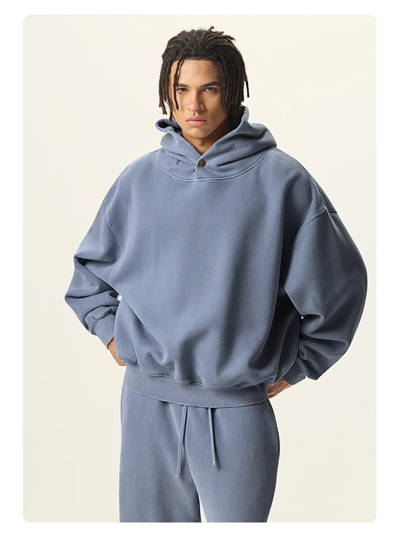 ZODF Vintage 350gsm Man Washed Boxy Fleece Hoodie Unisex Loose Ripped Warm Button Winter Hooded Pullovers Brand Clothing HY0053