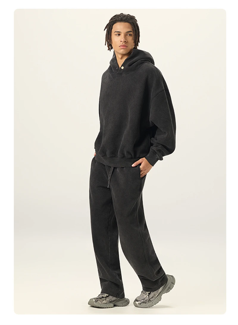 ZODF Vintage 350gsm Man Washed Boxy Fleece Hoodie Unisex Loose Ripped Warm Button Winter Hooded Pullovers Brand Clothing HY0053
