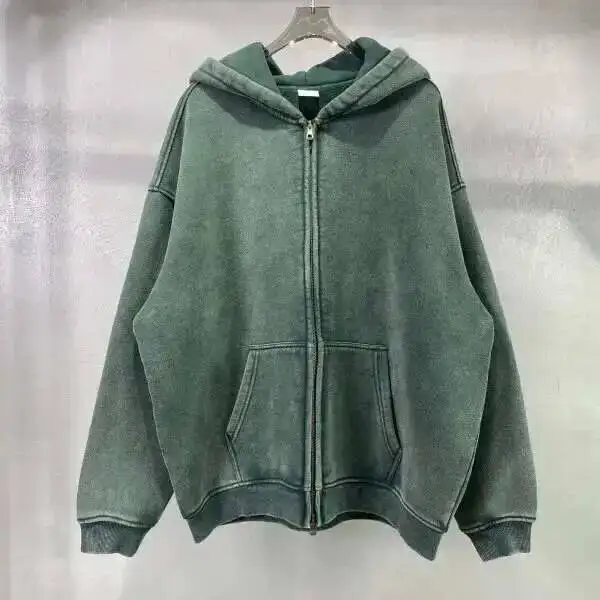 PFNW High Street Vintage Washed Distressed Hooded Zipper Sweatshirts Men's American Trendy Cardigan Oversized Outerwear 28W5687
