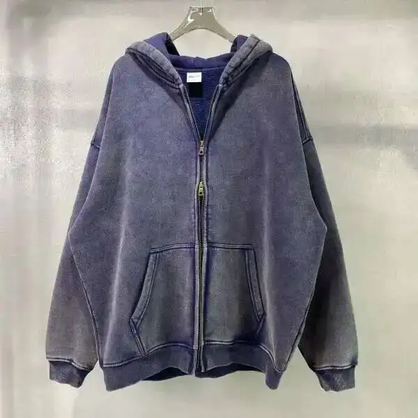 PFNW High Street Vintage Washed Distressed Hooded Zipper Sweatshirts Men's American Trendy Cardigan Oversized Outerwear 28W5687