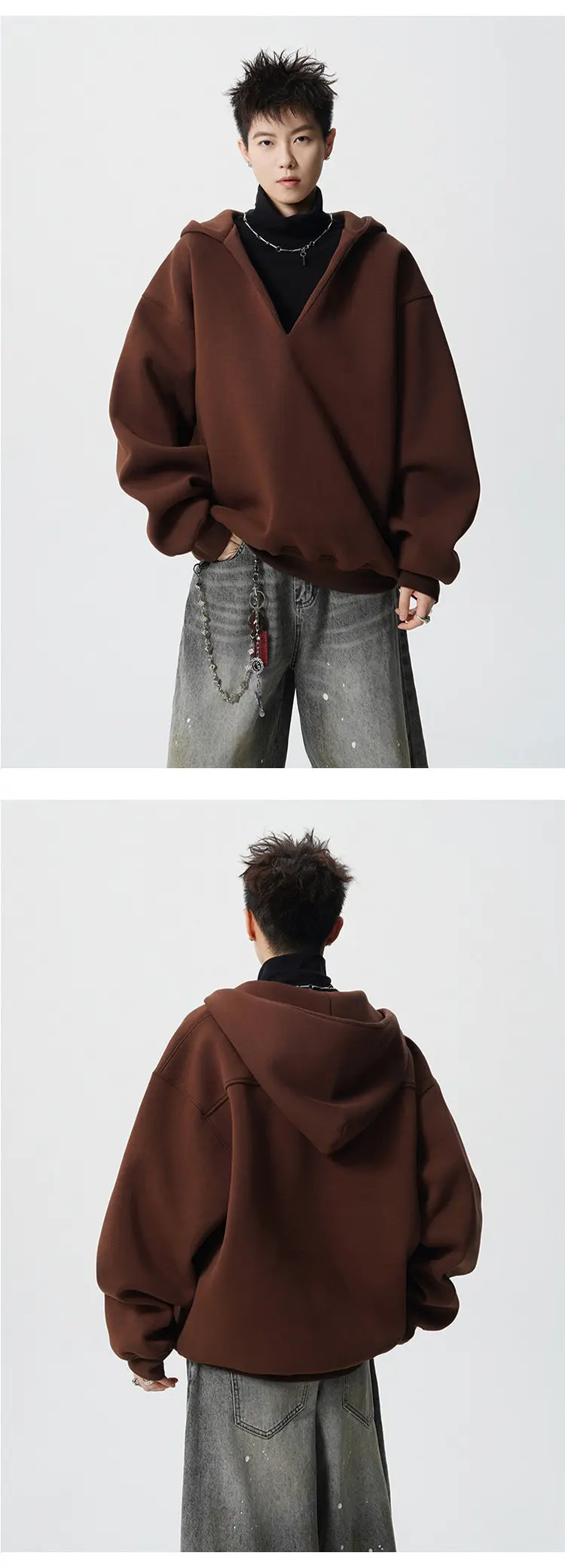 PFNW Autumn Trendy Men's Loose Fake Two-Piece V-Neck Hooded Sweatshirt 2025 Korea Fashion Solid Color Male Tops