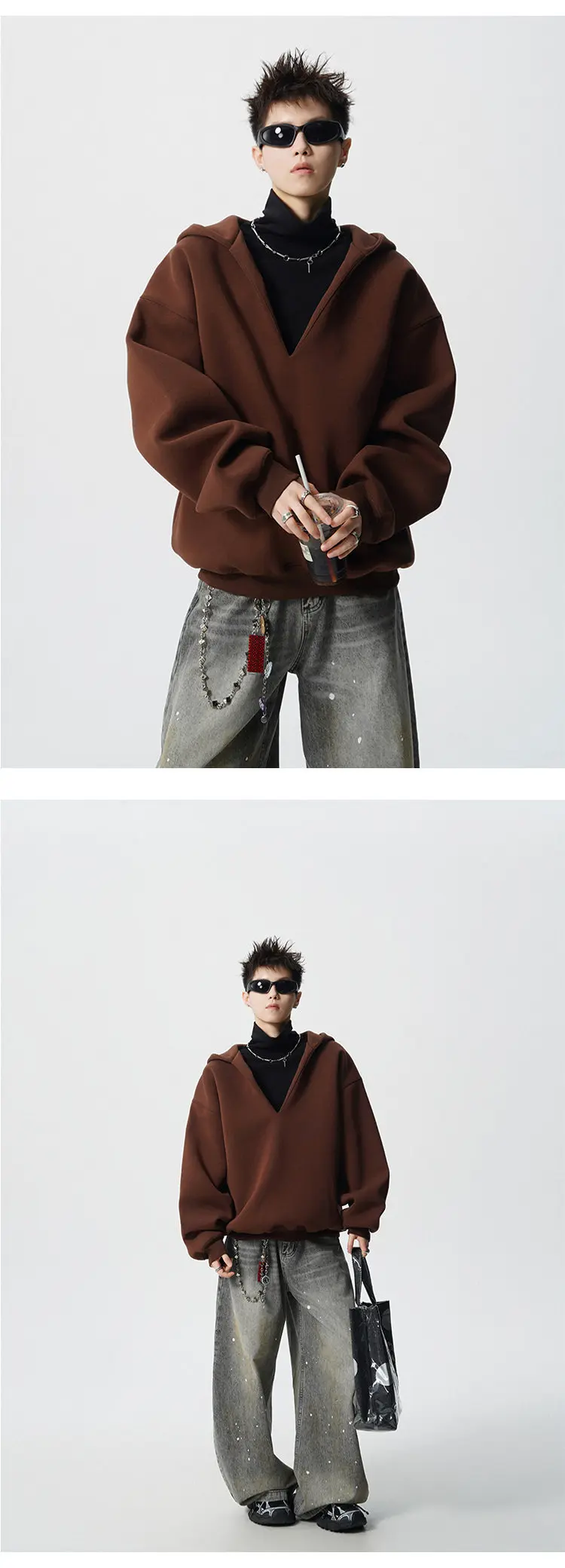 PFNW Autumn Trendy Men's Loose Fake Two-Piece V-Neck Hooded Sweatshirt 2025 Korea Fashion Solid Color Male Tops