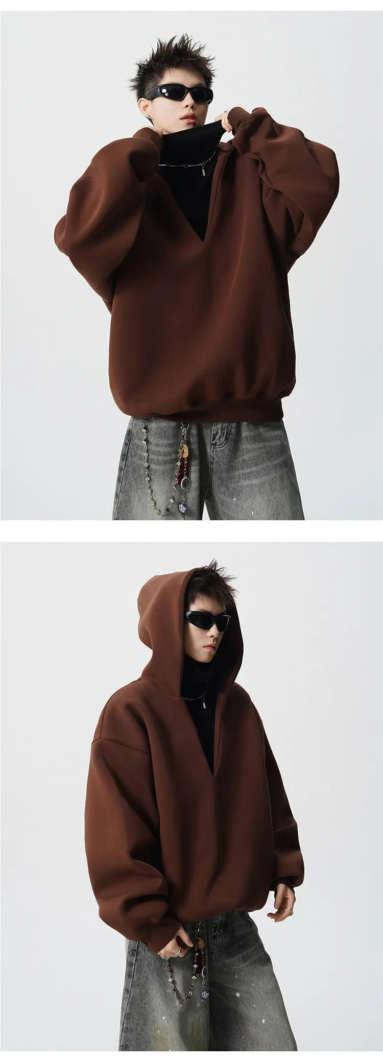 PFNW Autumn Trendy Men's Loose Fake Two-Piece V-Neck Hooded Sweatshirt 2025 Korea Fashion Solid Color Male Tops