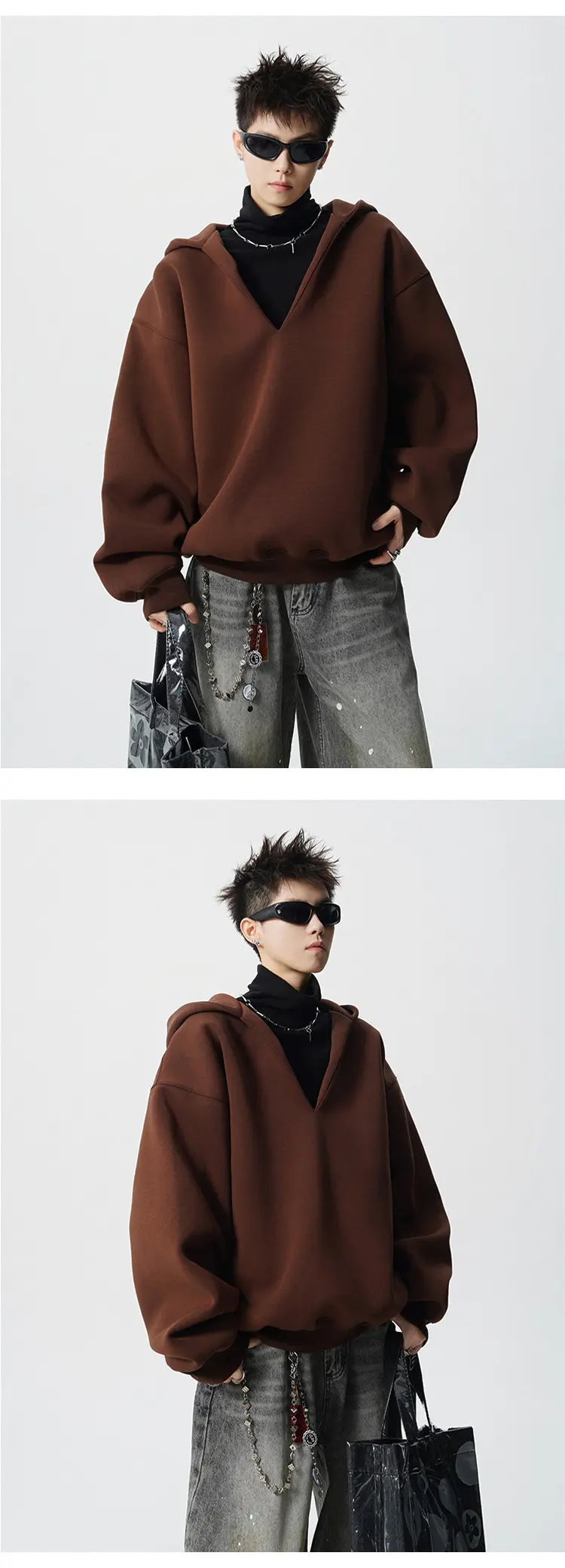 PFNW Autumn Trendy Men's Loose Fake Two-Piece V-Neck Hooded Sweatshirt 2025 Korea Fashion Solid Color Male Tops