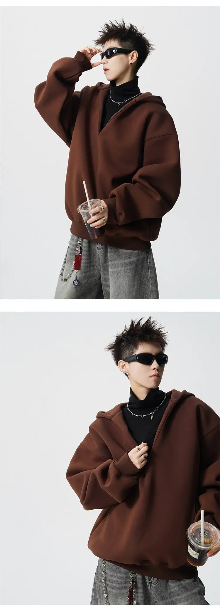 PFNW Autumn Trendy Men's Loose Fake Two-Piece V-Neck Hooded Sweatshirt 2025 Korea Fashion Solid Color Male Tops