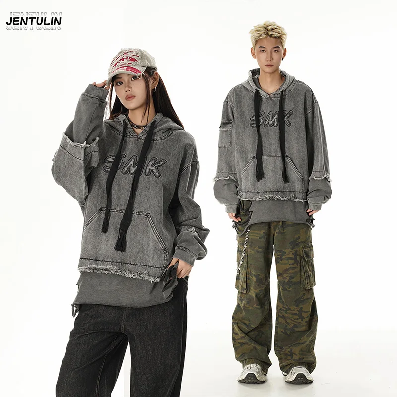 Harajuku Men Y2k Women Dark Subculture Rabbit Ear Hooded Jacket Thorny Butterfly Print Rivet Gradient Loose Hoodie Unisex