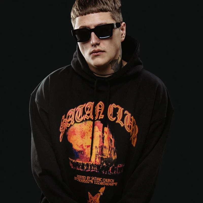 Hip Hop Streetwear Men Hoodie Oversized Pullover Satan Club Graphic Print Y2k Hooded Sweatshirt Harajuku Goth Aesthetic Clothing