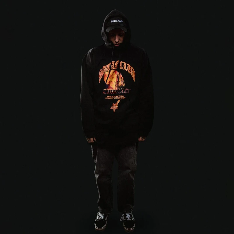 Hip Hop Streetwear Men Hoodie Oversized Pullover Satan Club Graphic Print Y2k Hooded Sweatshirt Harajuku Goth Aesthetic Clothing