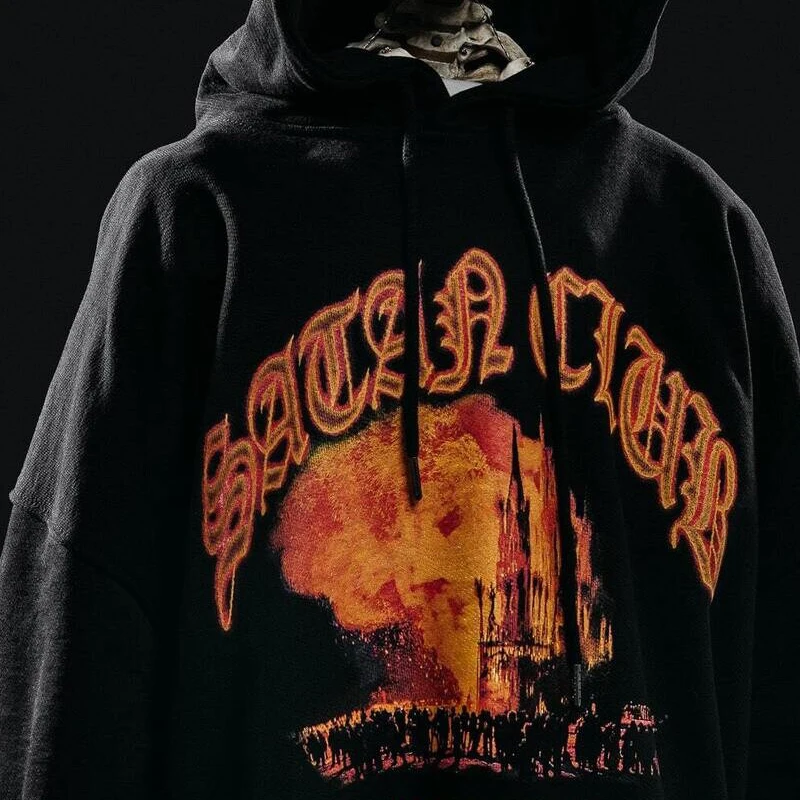 Hip Hop Streetwear Men Hoodie Oversized Pullover Satan Club Graphic Print Y2k Hooded Sweatshirt Harajuku Goth Aesthetic Clothing
