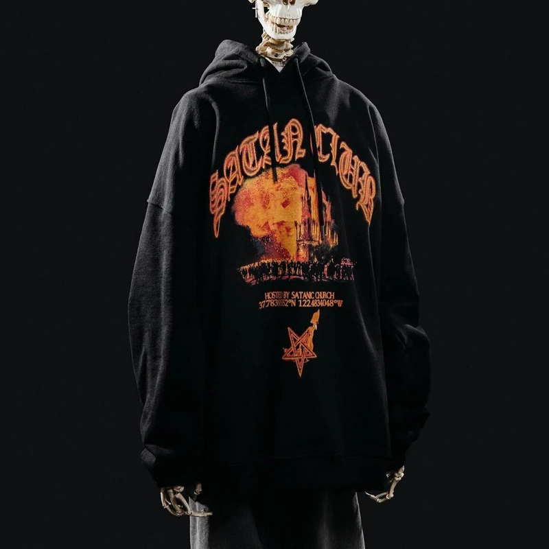 Hip Hop Streetwear Men Hoodie Oversized Pullover Satan Club Graphic Print Y2k Hooded Sweatshirt Harajuku Goth Aesthetic Clothing