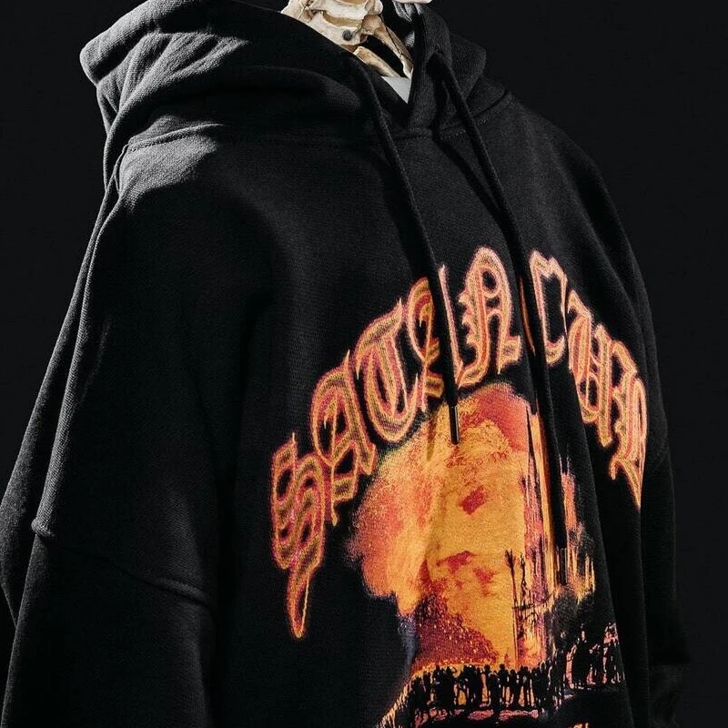 Hip Hop Streetwear Men Hoodie Oversized Pullover Satan Club Graphic Print Y2k Hooded Sweatshirt Harajuku Goth Aesthetic Clothing