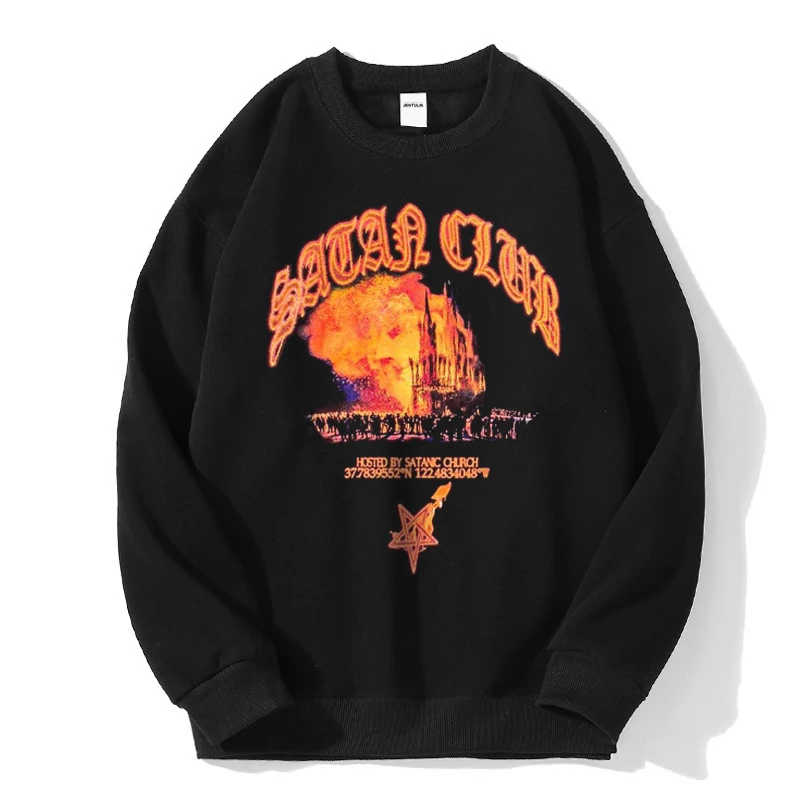 Hip Hop Streetwear Men Hoodie Oversized Pullover Satan Club Graphic Print Y2k Hooded Sweatshirt Harajuku Goth Aesthetic Clothing