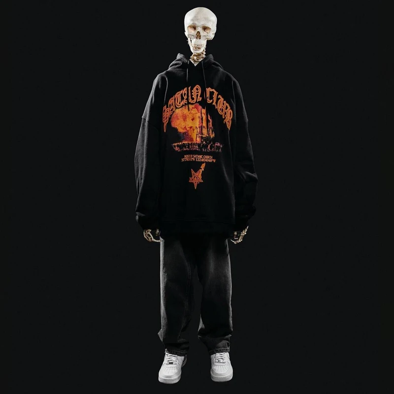 Hip Hop Streetwear Men Hoodie Oversized Pullover Satan Club Graphic Print Y2k Hooded Sweatshirt Harajuku Goth Aesthetic Clothing