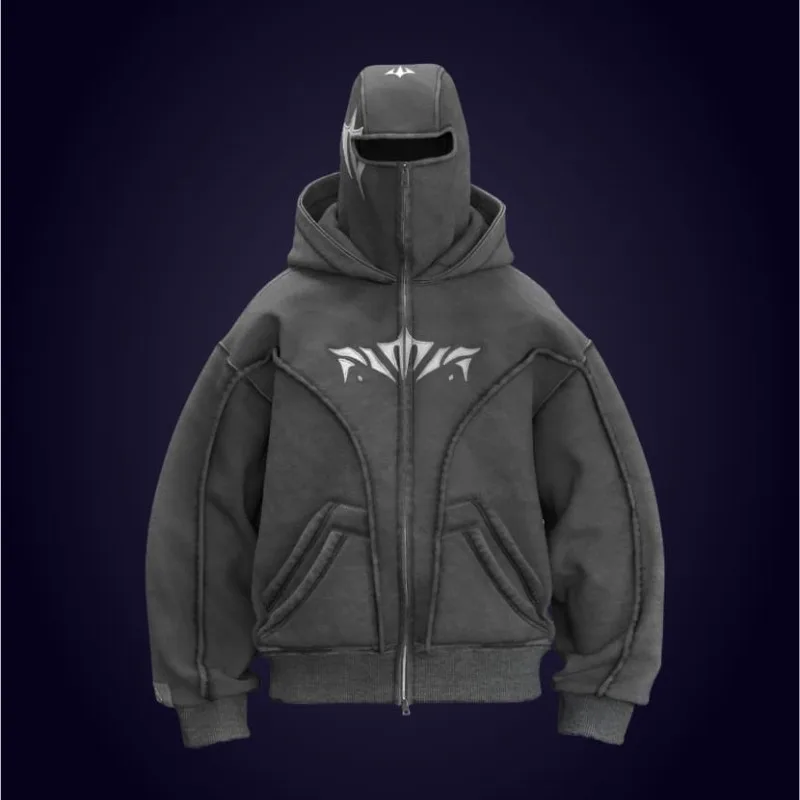 Y2K Harajuku Ninja Zip Up Hoodie Oversized Embroidered Washed Double Hat Sweatshirt American Style Streetwear Goth Men Women Top
