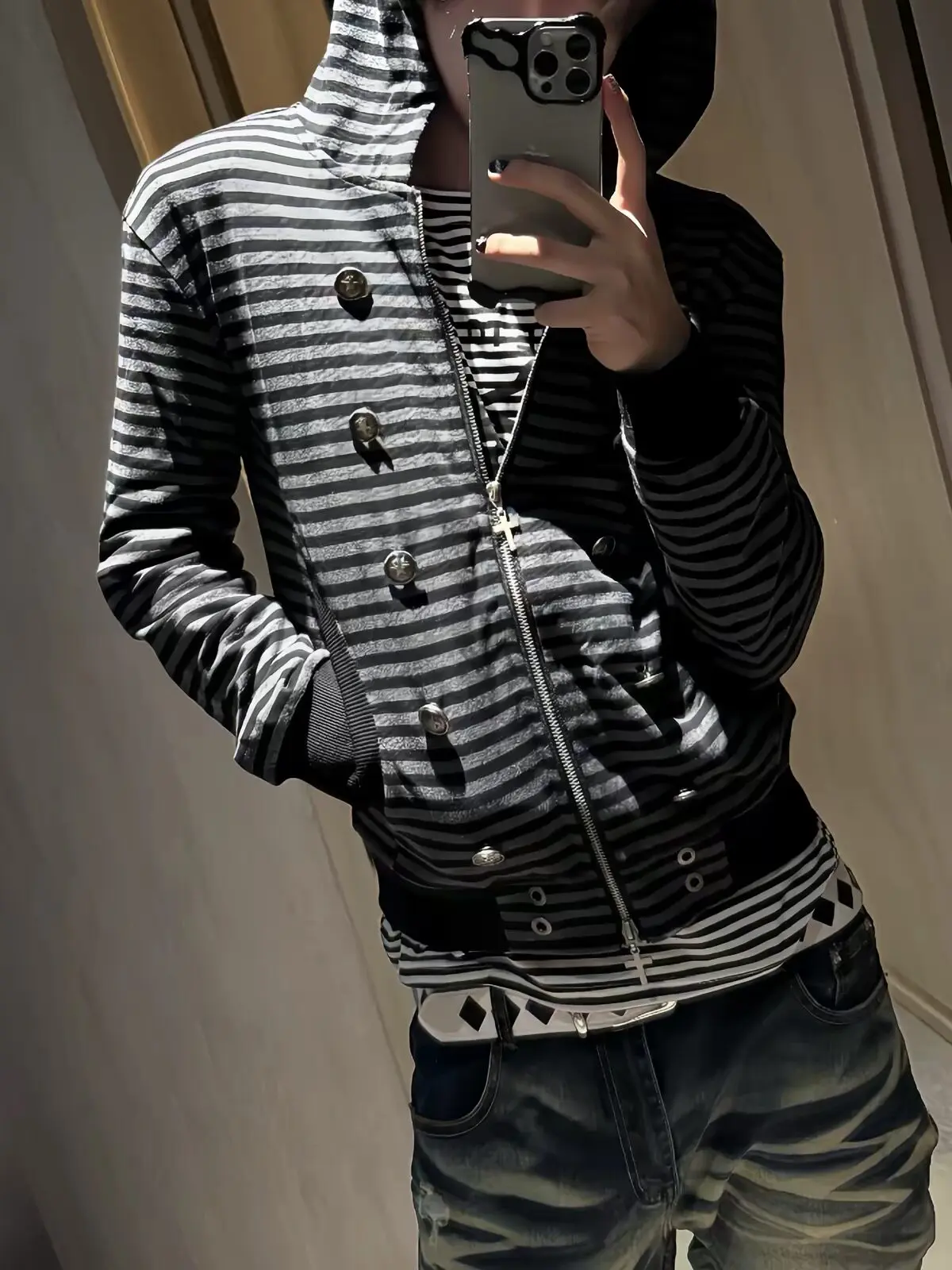 American Vintage Y2K Striped Hoodie Jacket Autumn Casual Fashion Street Style Loose Men Double Breasted Design Hooded Sweatshirt