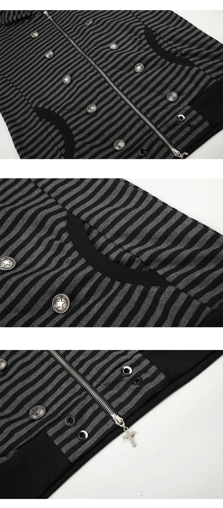 American Vintage Y2K Striped Hoodie Jacket Autumn Casual Fashion Street Style Loose Men Double Breasted Design Hooded Sweatshirt