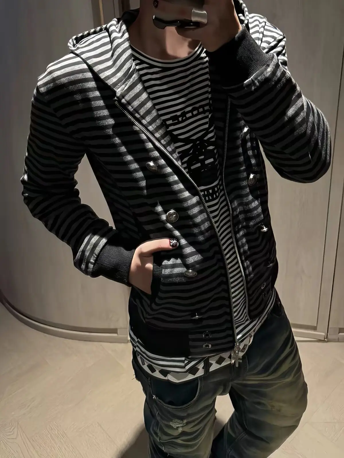 American Vintage Y2K Striped Hoodie Jacket Autumn Casual Fashion Street Style Loose Men Double Breasted Design Hooded Sweatshirt