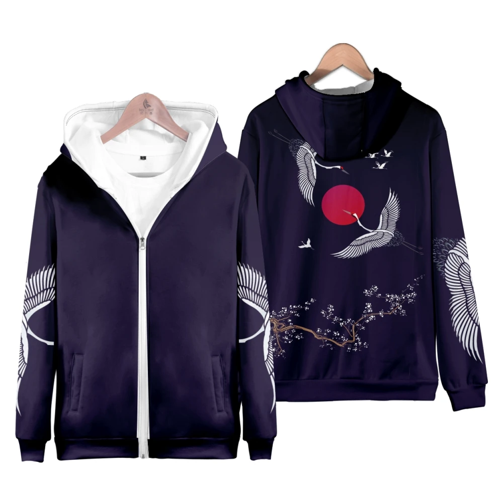 Coats Japanese Style Fashion Plum Blossom Crane 3D Print Men's Hoodies Boys Sweatshirt Long Sleeve Zipper Hoodie Brand Clothing