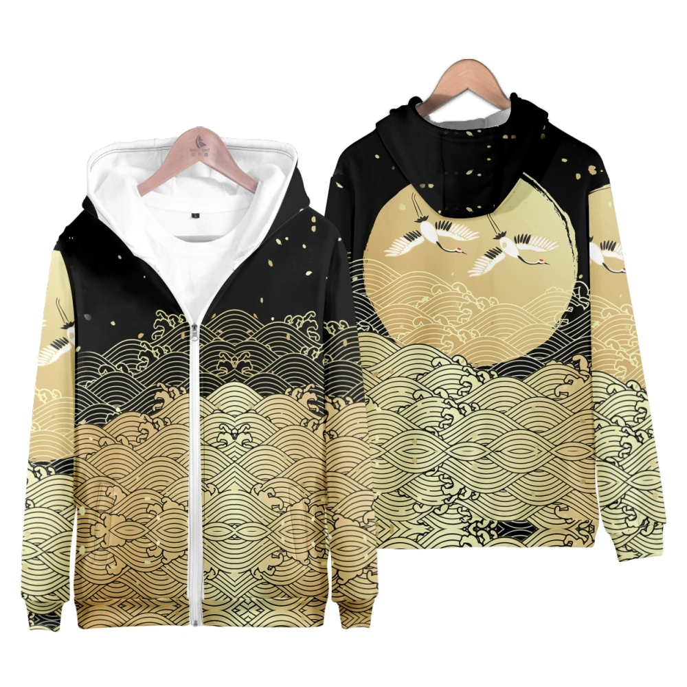 Coats Japanese Style Fashion Plum Blossom Crane 3D Print Men's Hoodies Boys Sweatshirt Long Sleeve Zipper Hoodie Brand Clothing