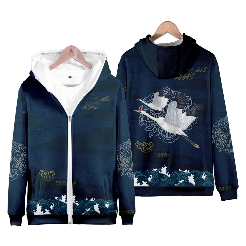 Coats Japanese Style Fashion Plum Blossom Crane 3D Print Men's Hoodies Boys Sweatshirt Long Sleeve Zipper Hoodie Brand Clothing