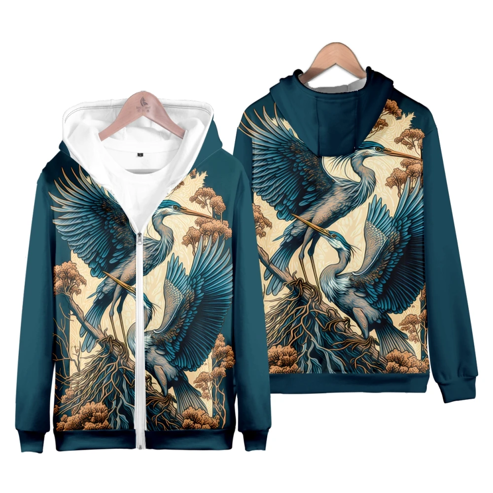 Coats Japanese Style Fashion Plum Blossom Crane 3D Print Men's Hoodies Boys Sweatshirt Long Sleeve Zipper Hoodie Brand Clothing