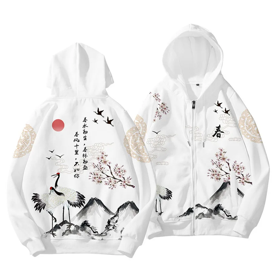 Coats Japanese Style Fashion Plum Blossom Crane 3D Print Men's Hoodies Boys Sweatshirt Long Sleeve Zipper Hoodie Brand Clothing