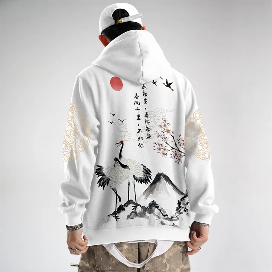 Coats Japanese Style Fashion Plum Blossom Crane 3D Print Men's Hoodies Boys Sweatshirt Long Sleeve Zipper Hoodie Brand Clothing