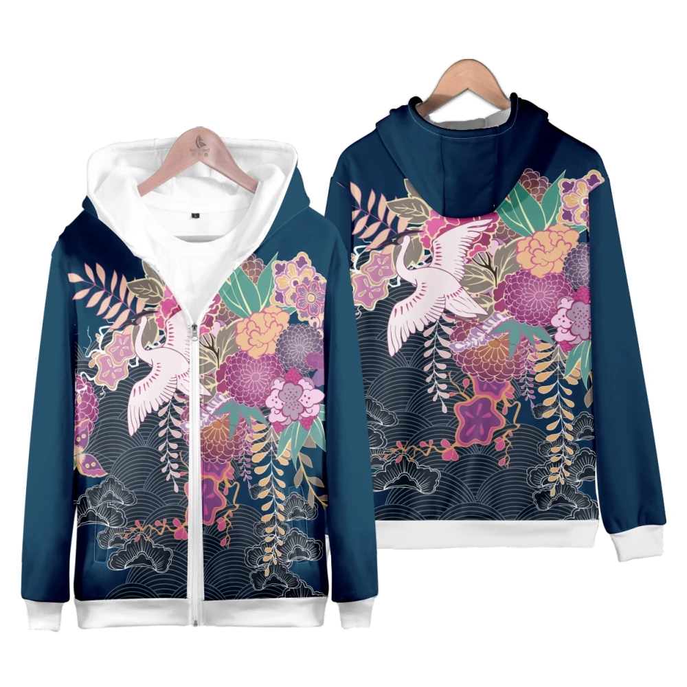 Coats Japanese Style Fashion Plum Blossom Crane 3D Print Men's Hoodies Boys Sweatshirt Long Sleeve Zipper Hoodie Brand Clothing