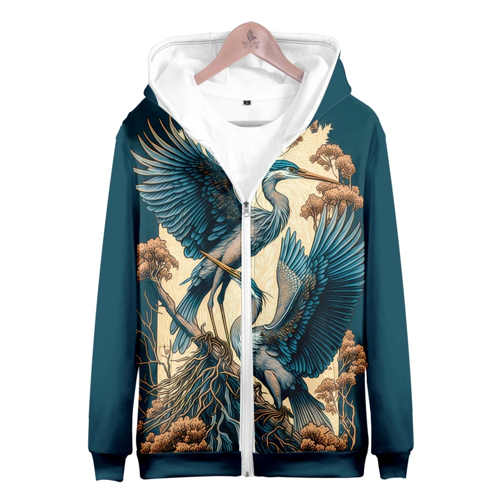 Coats Japanese Style Fashion Plum Blossom Crane 3D Print Men's Hoodies Boys Sweatshirt Long Sleeve Zipper Hoodie Brand Clothing