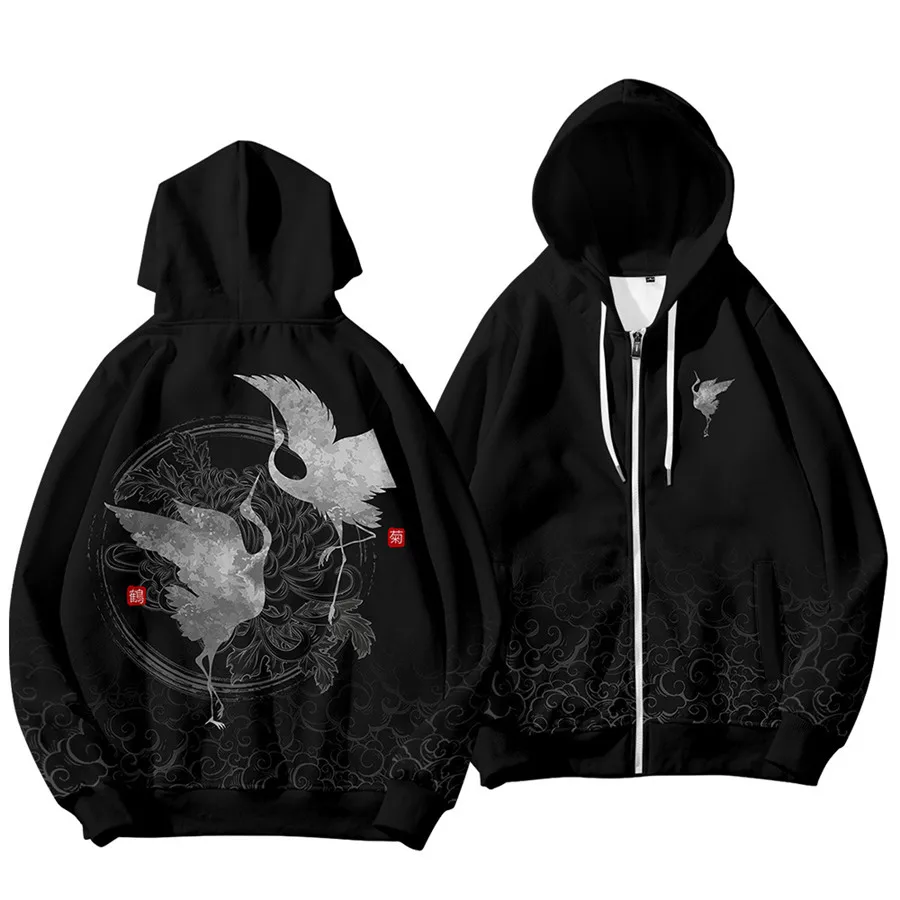 Coats Japanese Style Fashion Plum Blossom Crane 3D Print Men's Hoodies Boys Sweatshirt Long Sleeve Zipper Hoodie Brand Clothing
