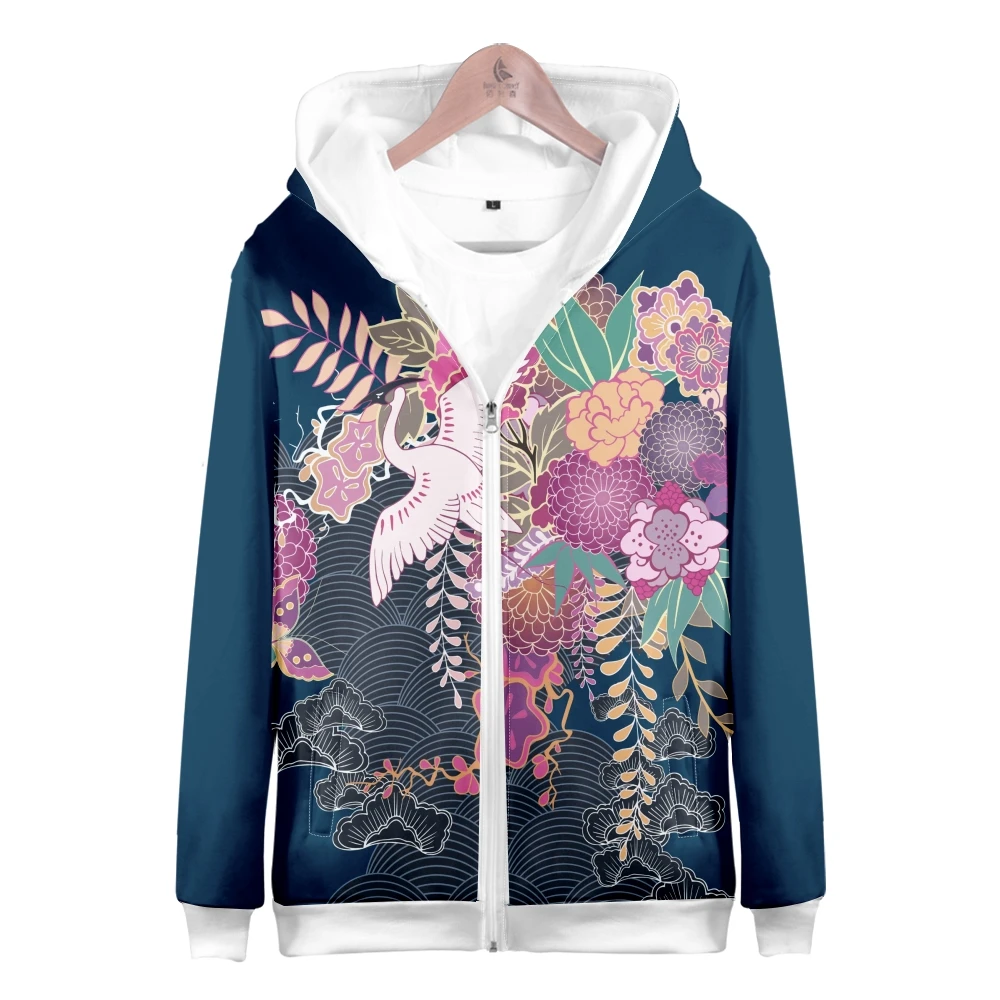 Coats Japanese Style Fashion Plum Blossom Crane 3D Print Men's Hoodies Boys Sweatshirt Long Sleeve Zipper Hoodie Brand Clothing