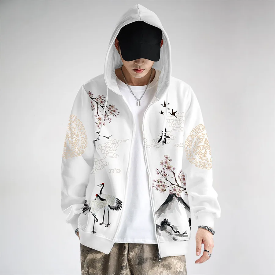 Coats Japanese Style Fashion Plum Blossom Crane 3D Print Men's Hoodies Boys Sweatshirt Long Sleeve Zipper Hoodie Brand Clothing