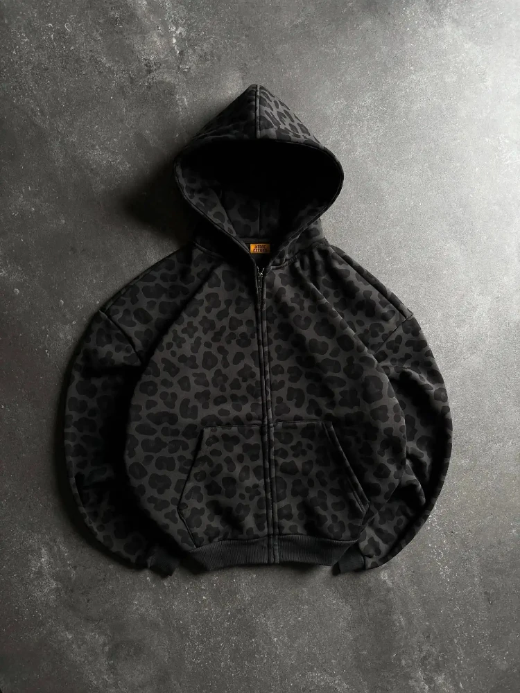 Y2K Zipper Hooded Sweatshirt for Autumn and Winter Retro Leopard Print Hooded Sweatshirt for Men and Women Loose Design Clothes