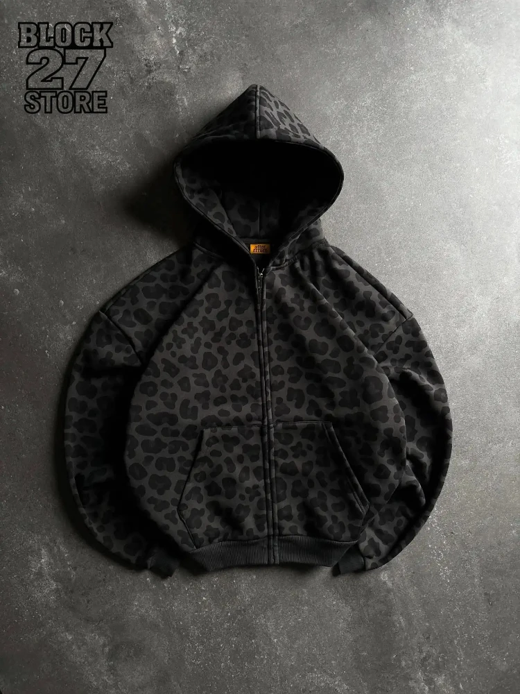 Y2K Zipper Hooded Sweatshirt for Autumn and Winter Retro Leopard Print Hooded Sweatshirt for Men and Women Loose Design Clothes