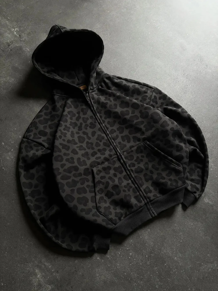 Y2K Zipper Hooded Sweatshirt for Autumn and Winter Retro Leopard Print Hooded Sweatshirt for Men and Women Loose Design Clothes