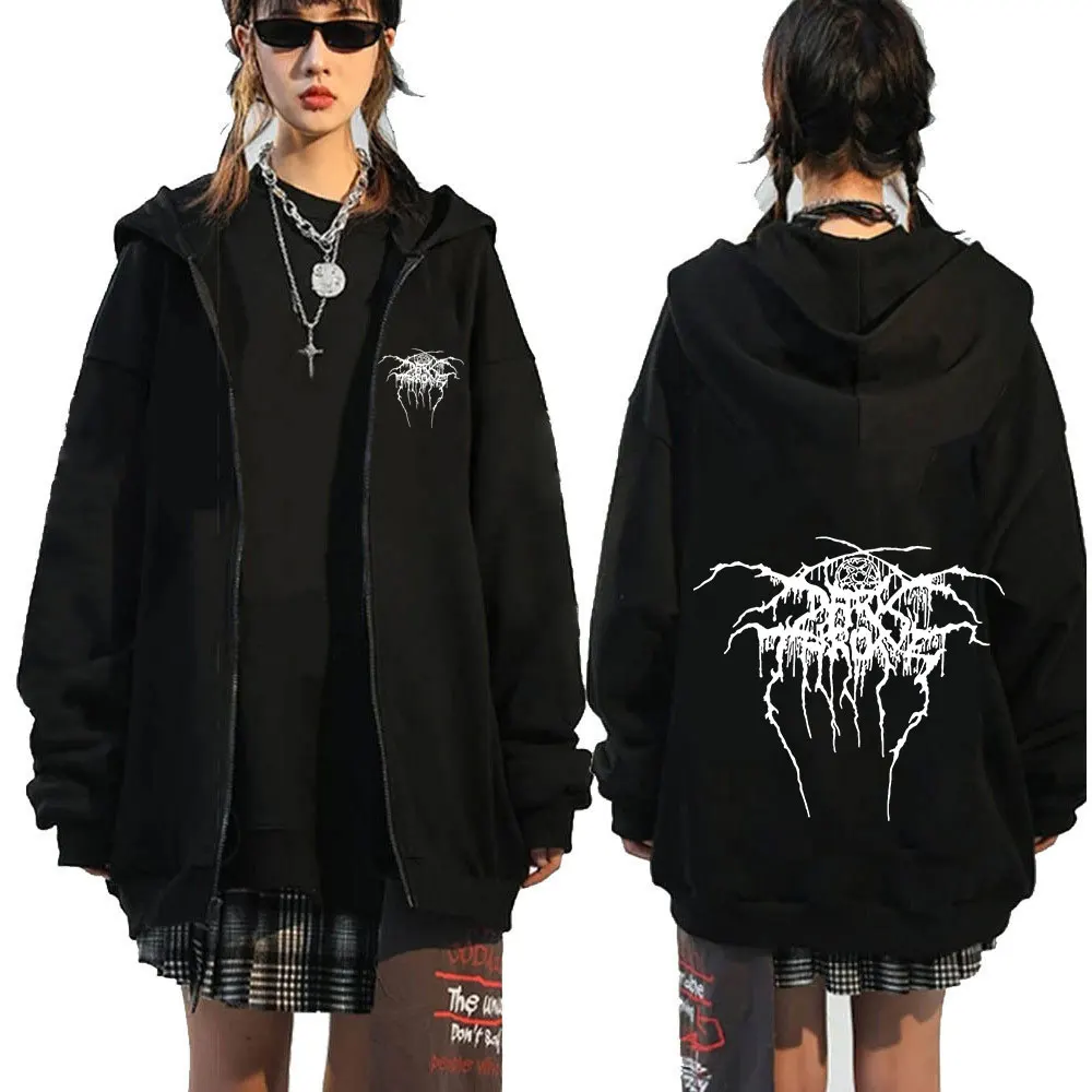 Darkthrone Logo Graphic Zip Up Hoodies Death Metal Gothic Band Zipper Sweatshirts Men Women Oversized Fleece Jacket Hoody Coats
