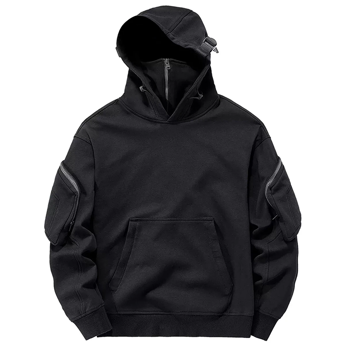 Streetwear Hoodies Harajuku Y2K Hip Hop Sweatshirts High Neck Mask Windproof Pullovers Dark Black Techwear Cargo Tops