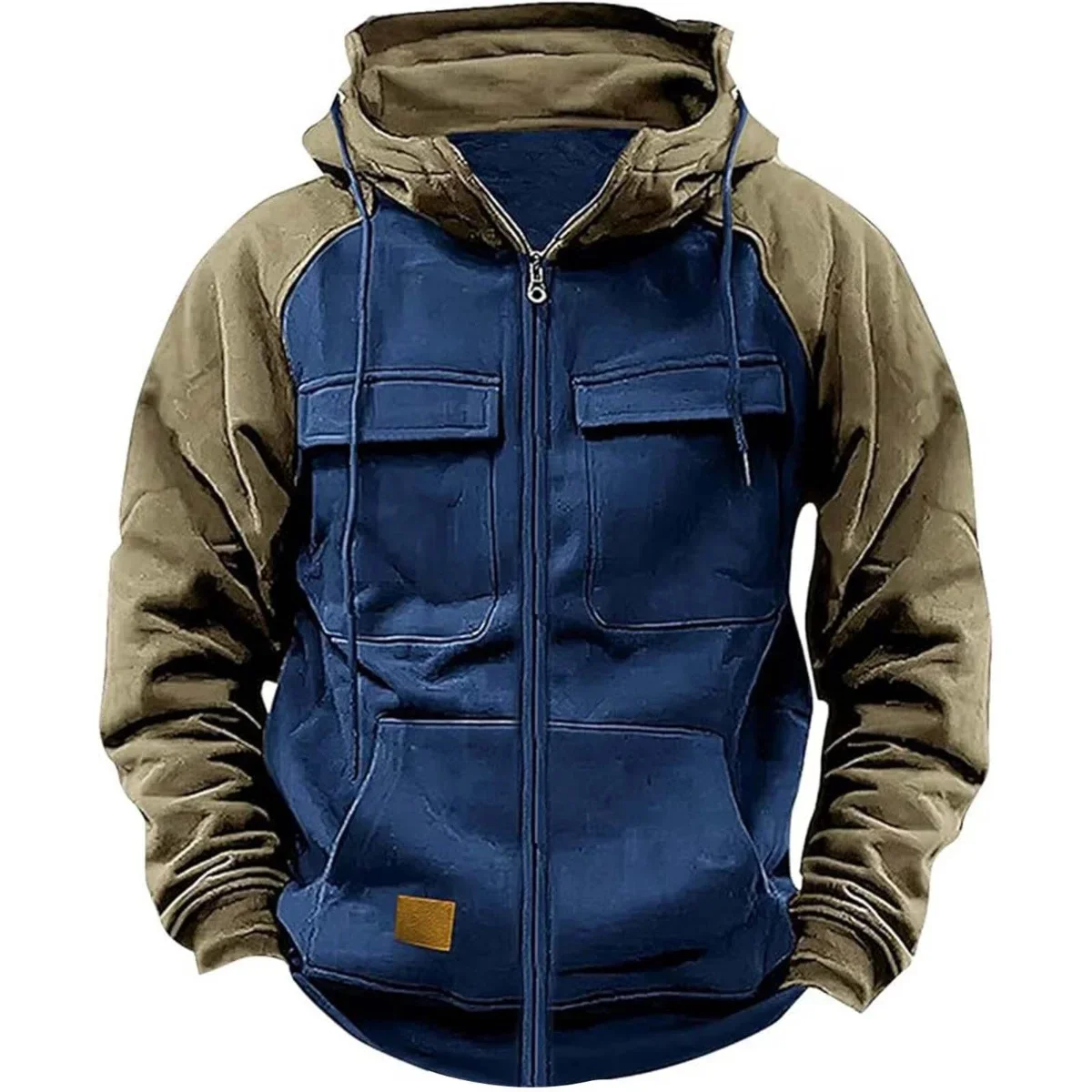 Model Retro Workwear Hooded Sweatshirt, Men's Zipper solid-color Warm Sports Shirt With Multiple Pockets Hooded Jacket