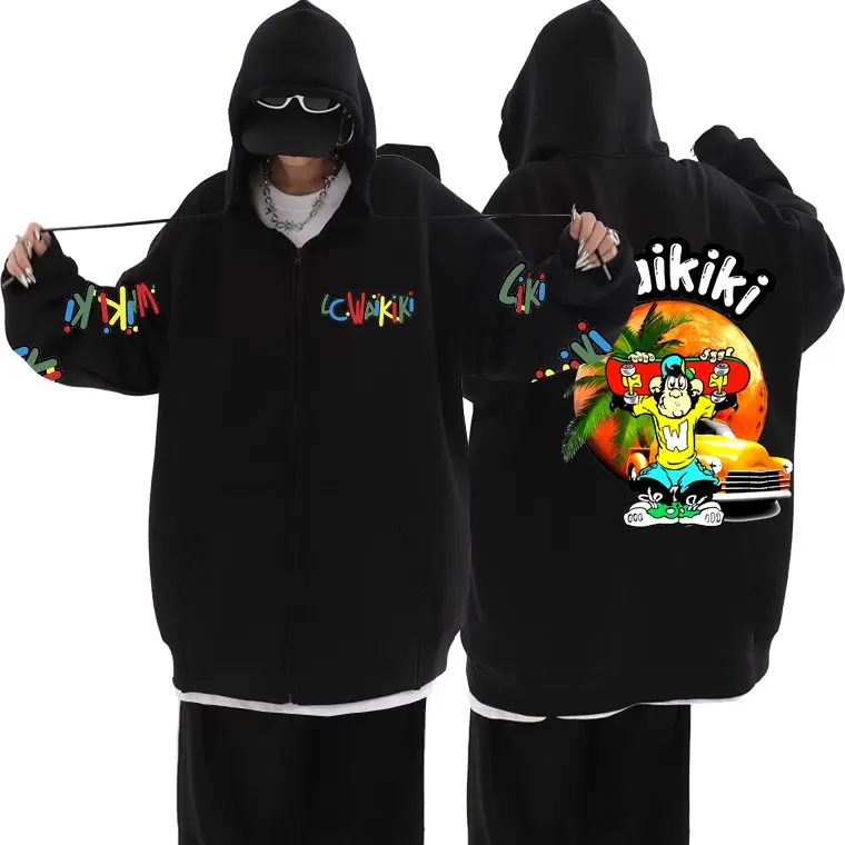 Lc Waikiki Monkey Skateboard Graphic Zip Up Hoodie Cartoon Fashion Monkeys Oversized Hoodies Men's Vintage Causal Zip Up Jacket