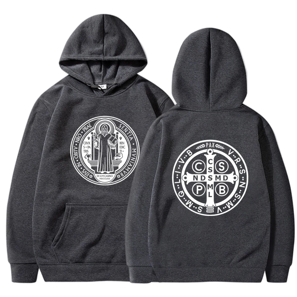 The Saint Benedict Medal Catholic Hoodie Funny Sweatshirt Men Hoodies Pullover Hip Hop Streetwear DY-177