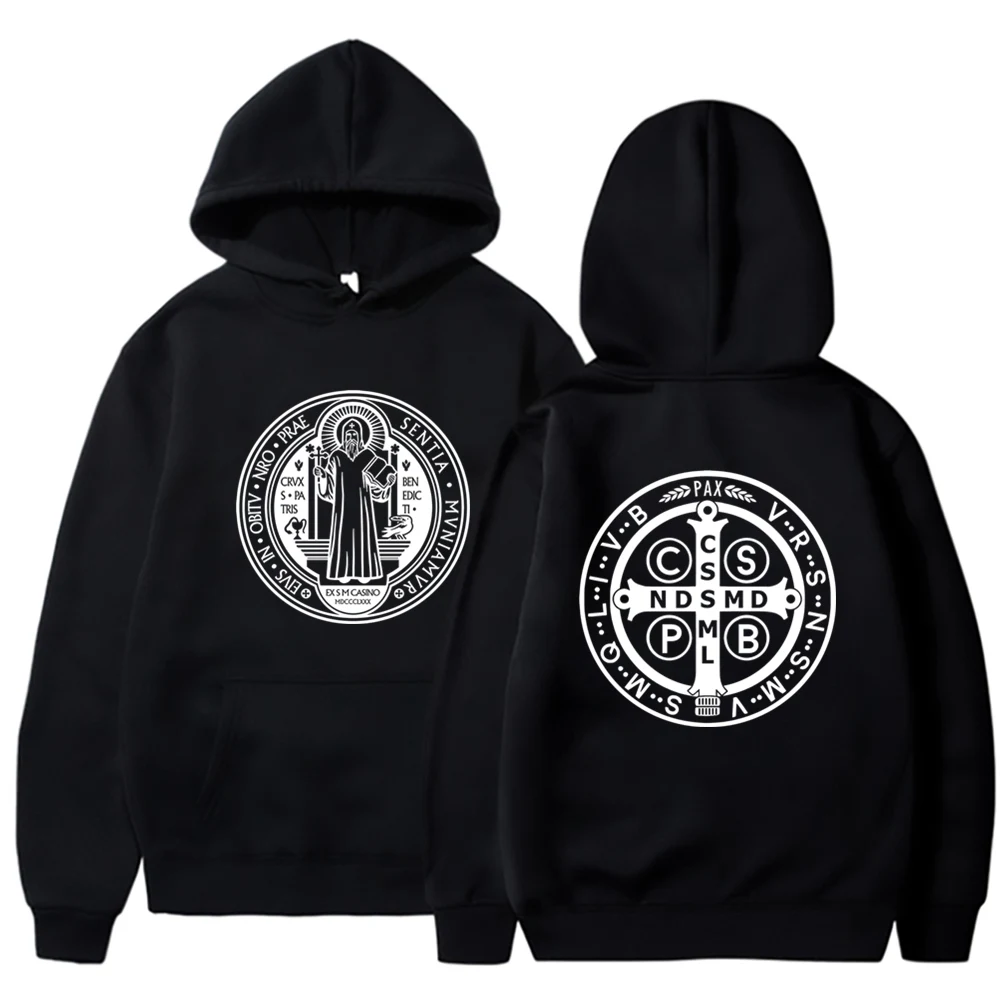 The Saint Benedict Medal Catholic Hoodie Funny Sweatshirt Men Hoodies Pullover Hip Hop Streetwear DY-177