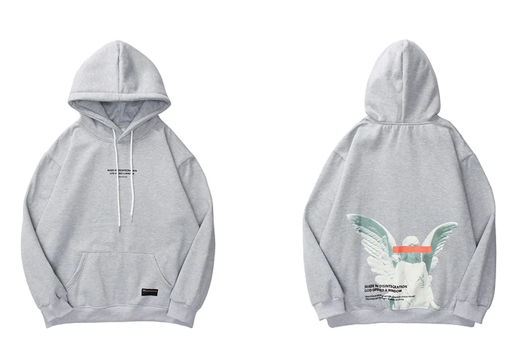 Mens 2025 Hip Hop Streetwear Harajuku Pullover Angel God Printed Hoodie Pocket Cotton Fleece Pullover Grey Hooded Sweatshirt