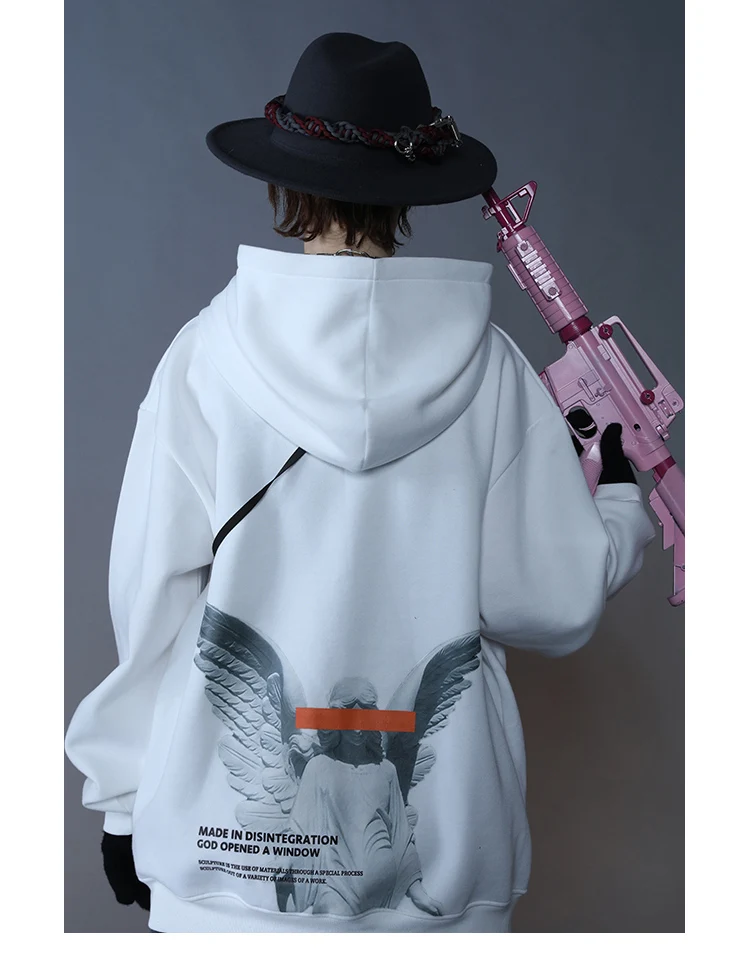 Mens 2025 Hip Hop Streetwear Harajuku Pullover Angel God Printed Hoodie Pocket Cotton Fleece Pullover Grey Hooded Sweatshirt