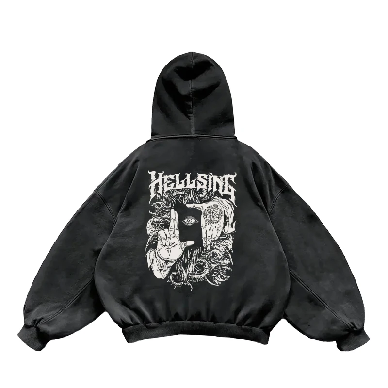 Manga Hellsing Alucard Printed Hooded Men Women Casual Cotton Hoodies Retro Washed Streetwear Harajuku Male Oversized Sweatshirt